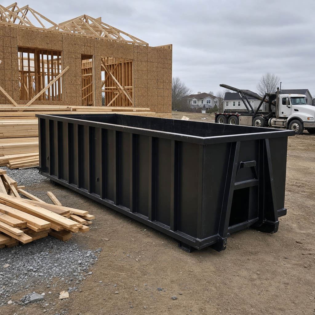 Matte-black 40-yard roll-off dumpster staged on a framed-out residential construction site in Portage, framing lumber stacked nearby, hooklift delivery truck visible in the background under bright Colorado daylight