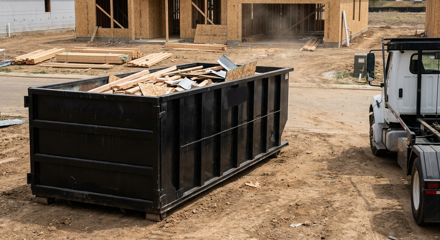 Matte-black 20-yard roll-off construction dumpster with heavy ribbed steel sidewalls and swing rear doors at a working jobsite in Portage, sitting directly on compacted dirt with an unmarked white hauler partially visible at the far edge of the frame.