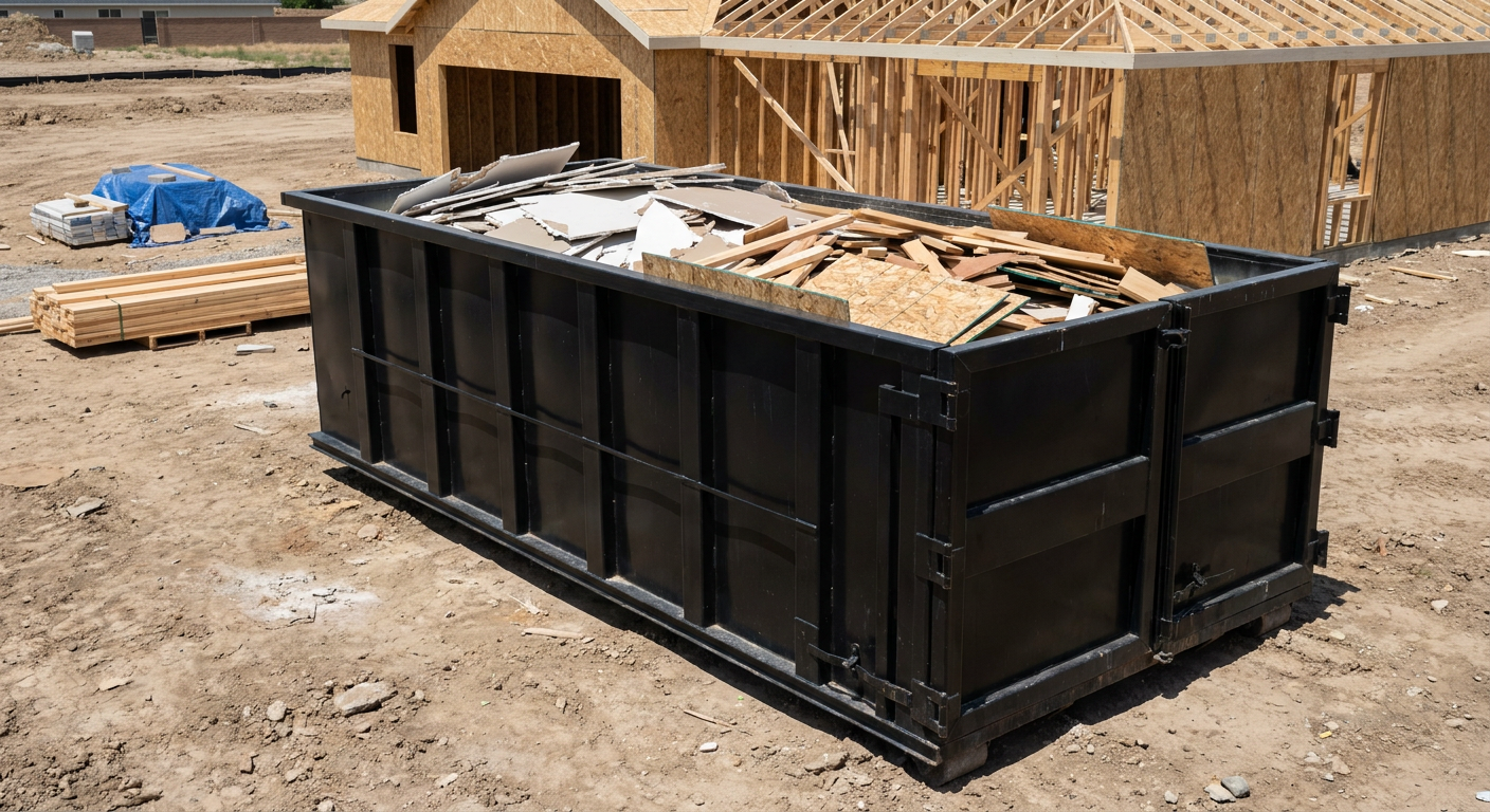 Matte-black 30-yard roll-off construction dumpster sitting directly on the compacted-dirt site of a framed single-family home build in Portage, drywall and lumber scrap loaded inside.