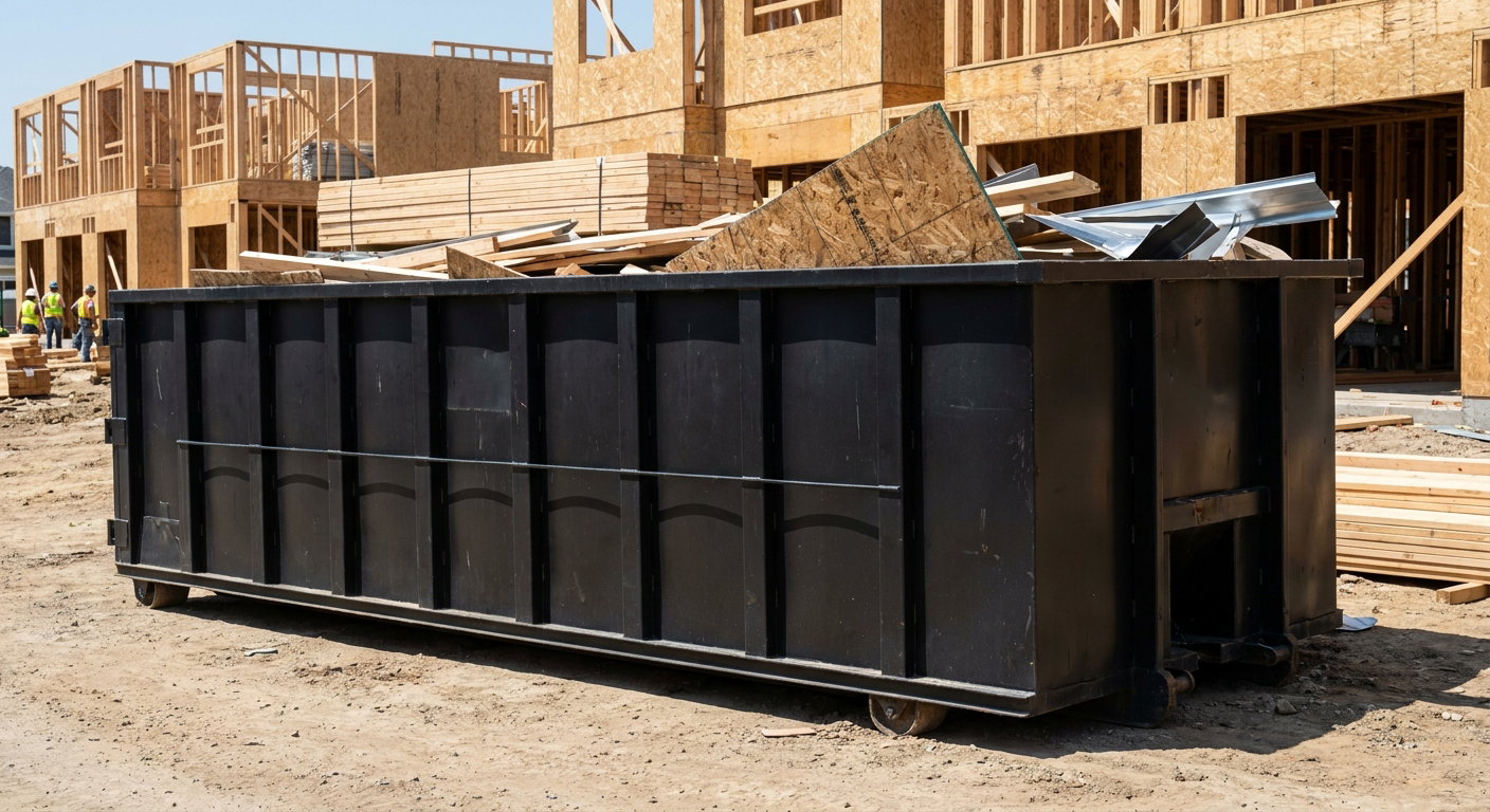 Matte-black 40-yard roll-off construction dumpster being lowered from a white-cab hooklift delivery truck onto the compacted-dirt jobsite at a commercial build site in Portage