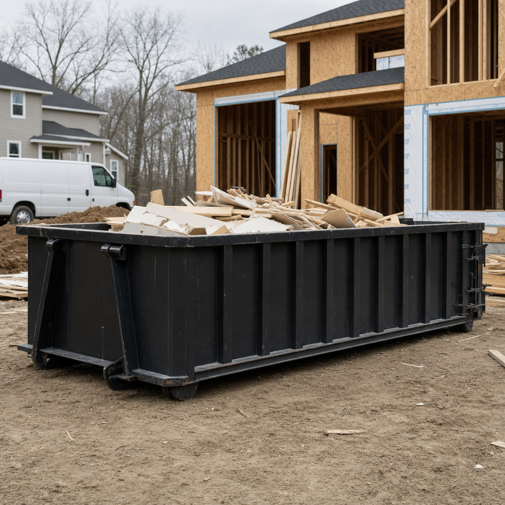 Worker in a yellow high-visibility vest tossing framing lumber and broken drywall into a matte-black 30-yard construction roll-off dumpster on an active build site in Portage, bright daylight