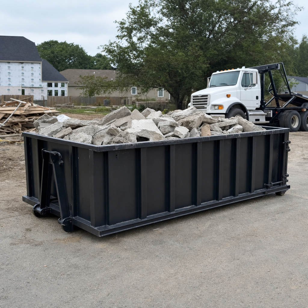 Low-profile matte-black lowboy roll-off dumpster loaded with broken concrete slab and rebar at a foundation tear-out in Portage, skid steer parked beside it, sunny Colorado morning