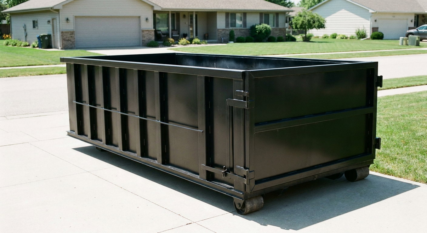 Matte-black 10-yard roll-off dumpster on a residential concrete driveway in Portage, uniformly painted matte black across every panel and rail, ribbed steel sidewalls and rear swing door visible, mid-day daylight.