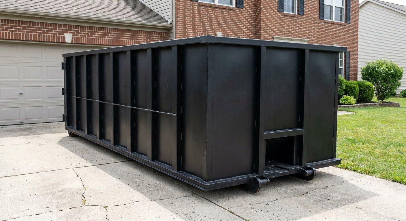 Matte-black 20-yard roll-off container on a Portage residential concrete driveway with reinforced ribbed steel sidewalls and a hinged rear walk-in door, clean bright daylight.