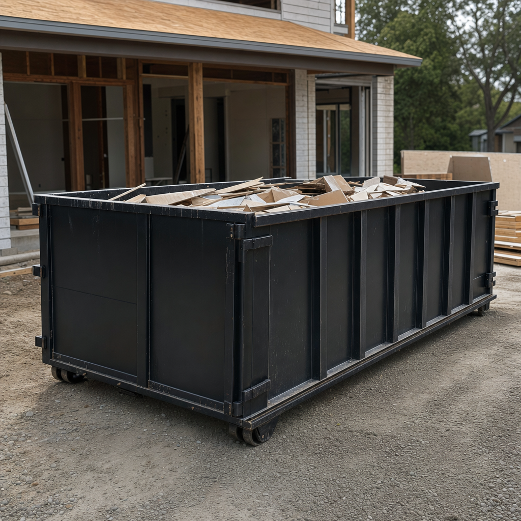 Large matte-black 30-yard construction roll-off dumpster at an active Portage jobsite, steel-gray top rails and bottom rollers visible, loaded with construction debris.