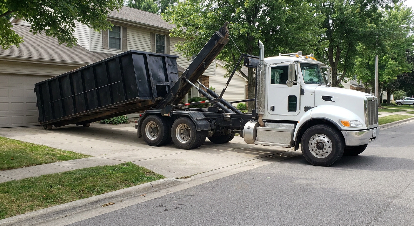 White-cab hooklift roll-off truck actively lowering a matte-black dumpster onto a Portage residential concrete driveway, the dumpster's rear wheels touching the driveway as the hoist arm tilts the bed forward, mid-morning daylight.