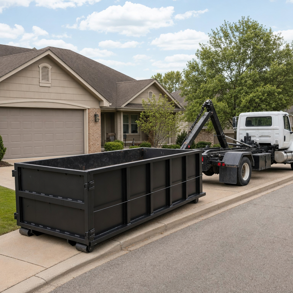 Wide documentary shot of a matte-black roll-off dumpster on a Portage residential driveway in the foreground and a contractor jobsite container in the soft-focus background, bright daylight, calm and orderly composition.