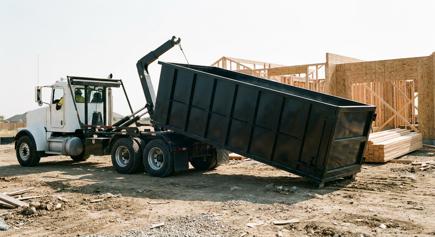 Matte-black roll-off dumpster being delivered onto a clean residential concrete driveway in Portage by an unmarked white hooklift hauler truck, bright morning daylight, documentary 35mm perspective.