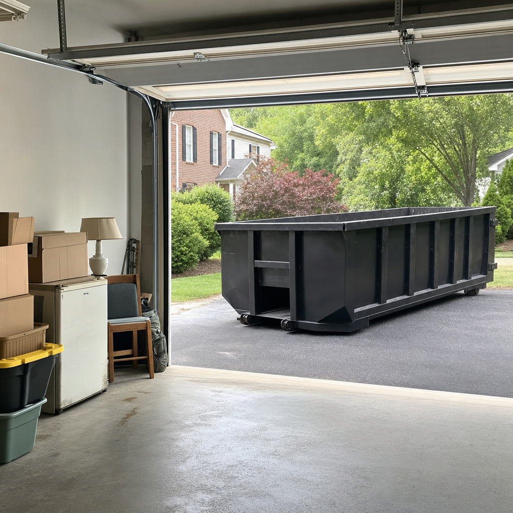 Open garage interior in a Portage home mid-cleanout — boxed items, an old appliance, and stacked yard tools queued near the driveway for a matte-black roll-off dumpster, organized and calm