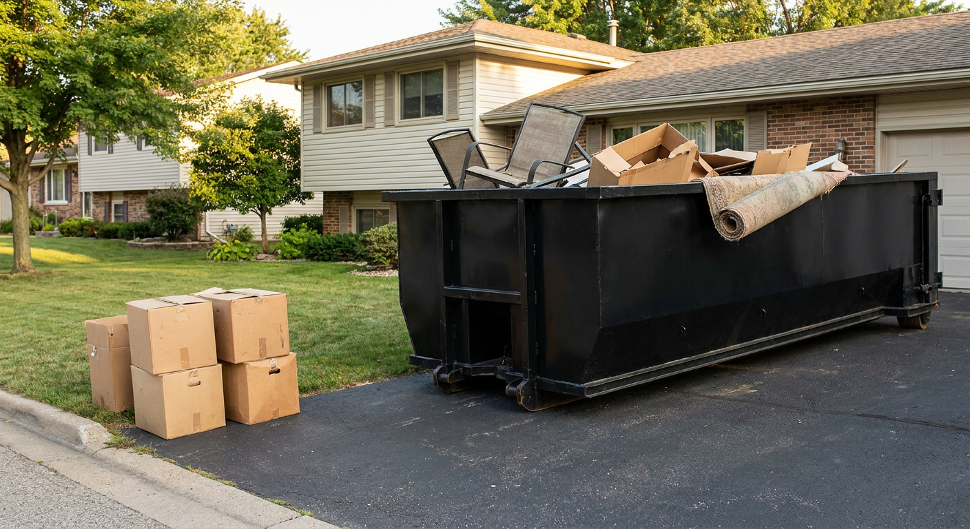Front-yard view of a Portage split-level home with a 20-yard matte-black roll-off dumpster sitting directly on the asphalt driveway, a few clearly labeled donation boxes staged at the curb, calm sunny afternoon.