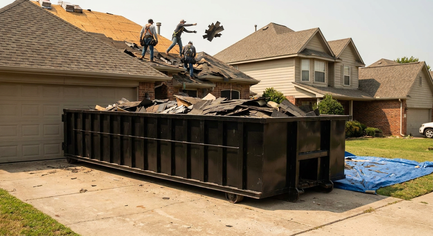Matte-black roofing roll-off dumpster placed directly on a Portage residential concrete driveway, a tear-off crew on a two-story asphalt-shingle roof tossing shingle bundles into the low-walled container, bright daylight, documentary 35mm perspective.