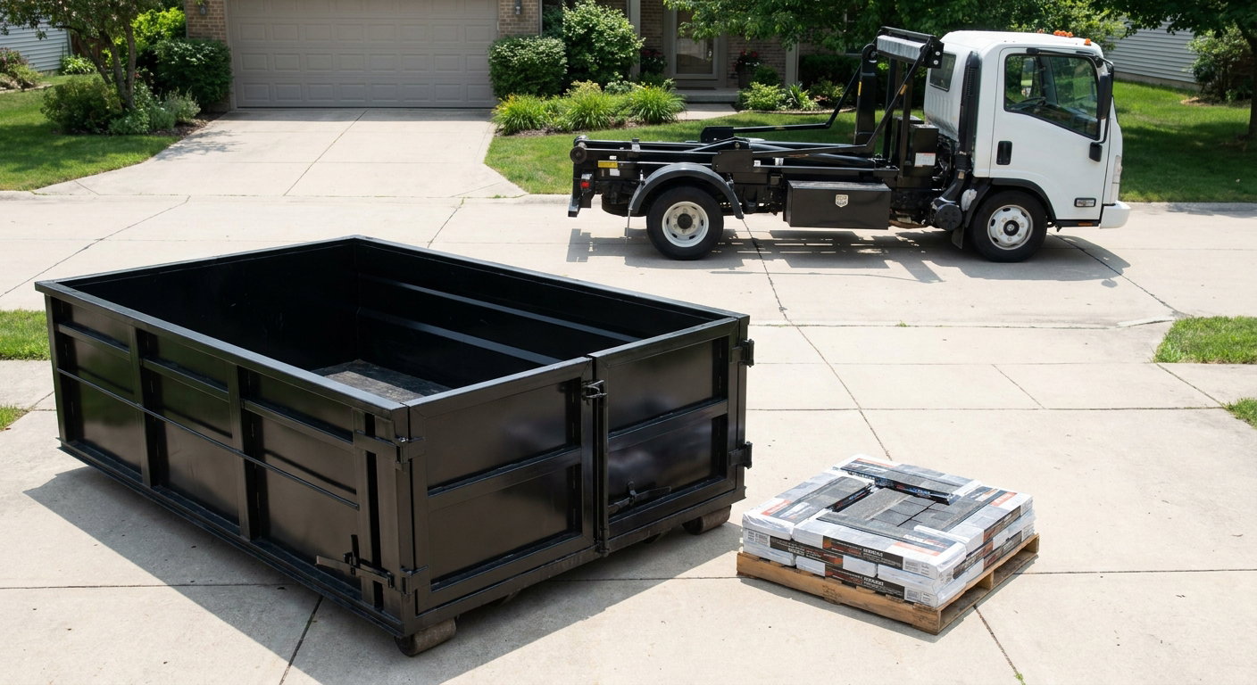 Matte-black 15-yard roofing roll-off dumpster with reinforced low side walls sitting directly on a Portage residential concrete driveway, three-tab asphalt shingle bundles stacked nearby, an unmarked white hauler truck partially visible at the edge of the frame.