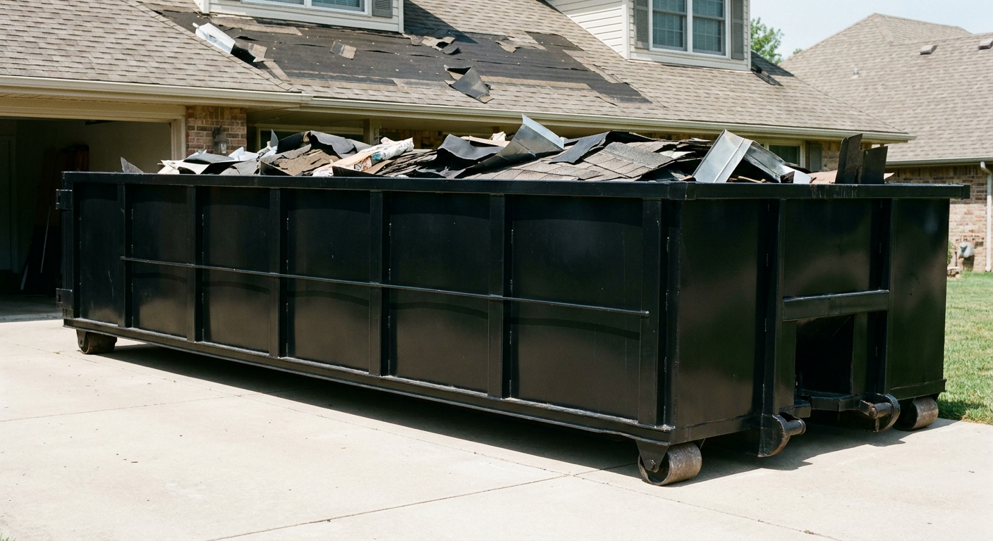 Matte-black 20-yard roofing roll-off dumpster with steel ribbed sides and swinging rear door, sitting directly on the concrete driveway of a two-story Portage home, asphalt shingle debris being loaded over the low wall, clean documentary lighting.