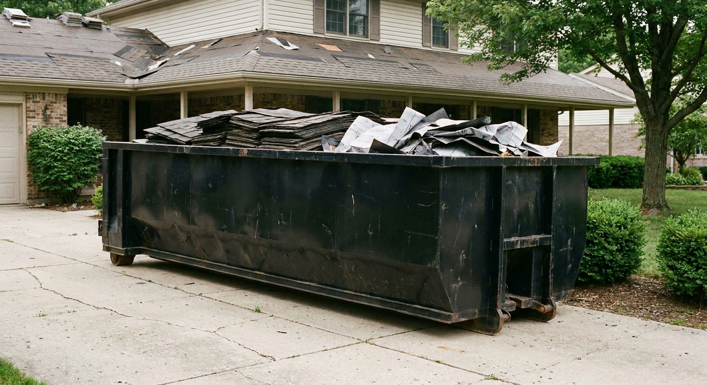 Matte-black 30-yard roofing roll-off dumpster sitting directly on a Portage concrete driveway, taller ribbed steel side panels, mixed tear-off debris of asphalt shingles and underlayment inside, professional documentary daylight.