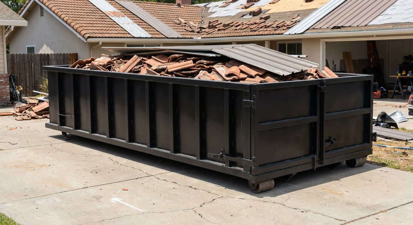 Matte-black low-wall heavy-debris roofing roll-off dumpster sitting directly on a Portage concrete driveway, broken concrete clay roof tiles and metal panel sections loaded inside, reinforced ribbed steel side walls visible, bright outdoor daylight.