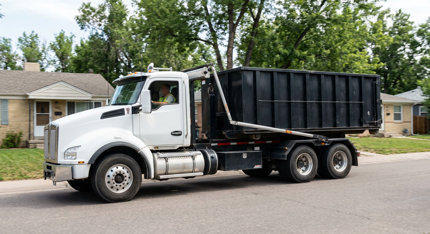A wide documentary shot of a matte-black roll-off delivery truck pulling onto a quiet Portage residential street at mid-morning, with neighborhood rooftops and tree-lined blocks visible behind, showing the metro coverage footprint.