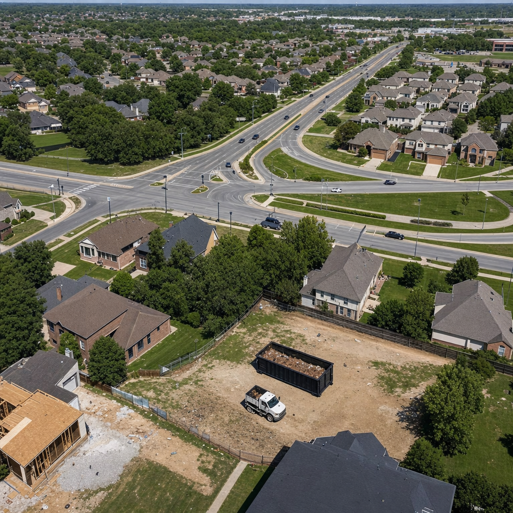 An overhead documentary view of the Portage metro area at midday, showing the spread of neighborhoods, arterial roads, and the dispatch radius from a central yard — clean daylight, organized geographic layout.