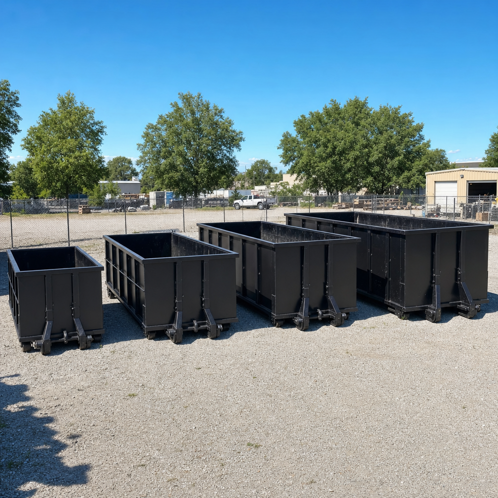 A clean lineup of matte-black roll-off dumpsters in 10, 20, 30, and 40-yard sizes staged on a sunlit gravel yard in Portage, showing the size progression from compact to commercial-scale containers.