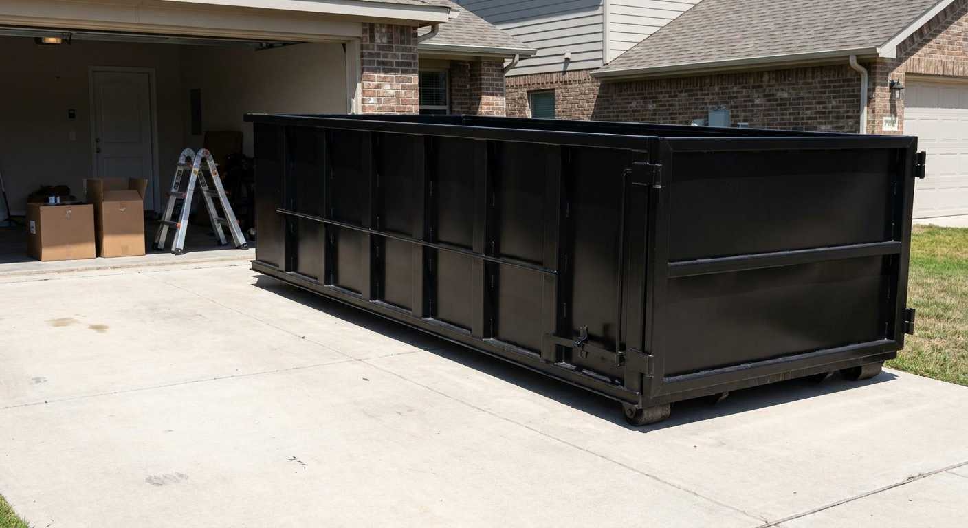 A matte-black 10-yard roll-off dumpster sitting directly on a residential Portage concrete driveway, mid-day sunlight, clean and ready for a garage cleanout.