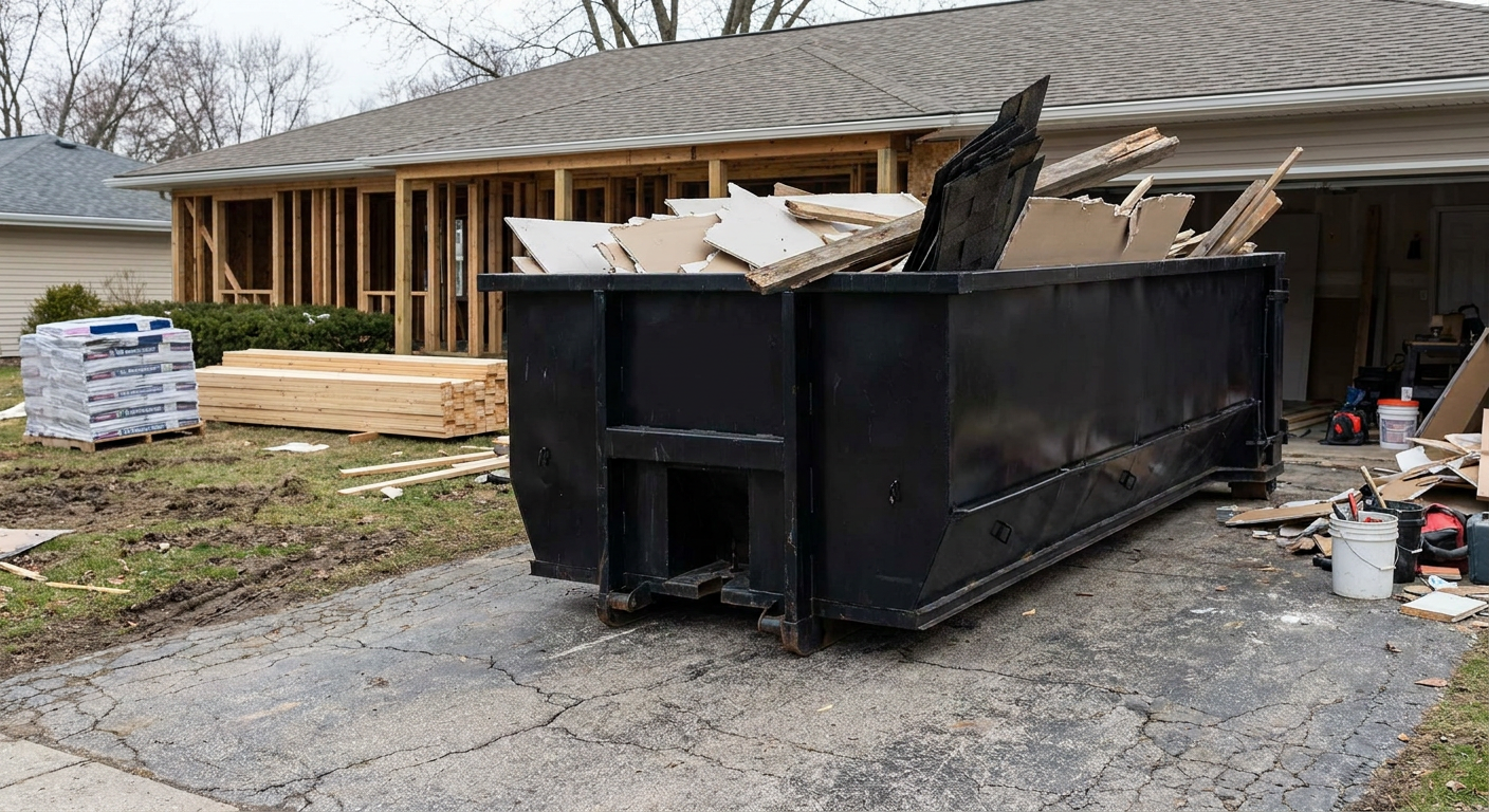 A matte-black 20-yard roll-off dumpster placed alongside a mid-renovation Portage home directly on the asphalt driveway, with framing materials and torn-off shingles staged neatly nearby.