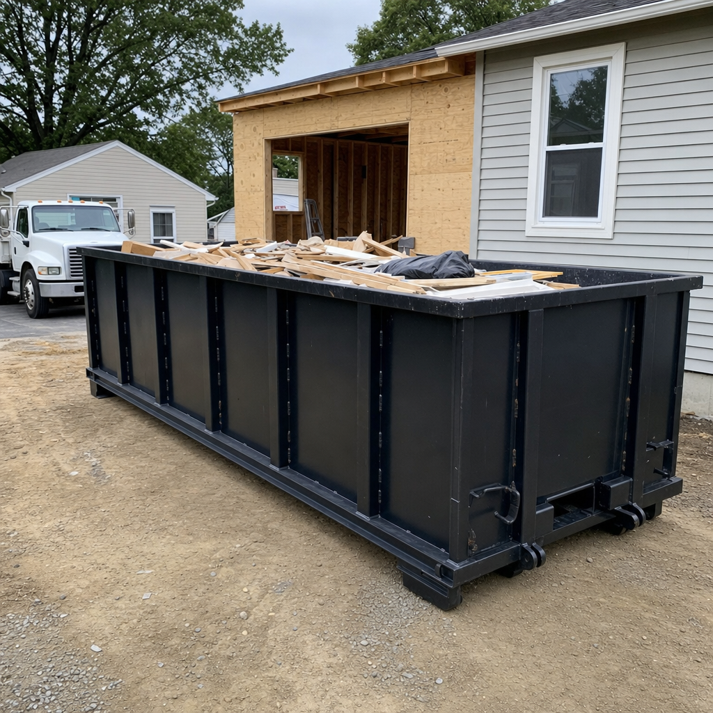 A matte-black 30-yard roll-off dumpster positioned at a Portage residential addition jobsite, with framing lumber and drywall scraps loaded through the open swinging rear doors.