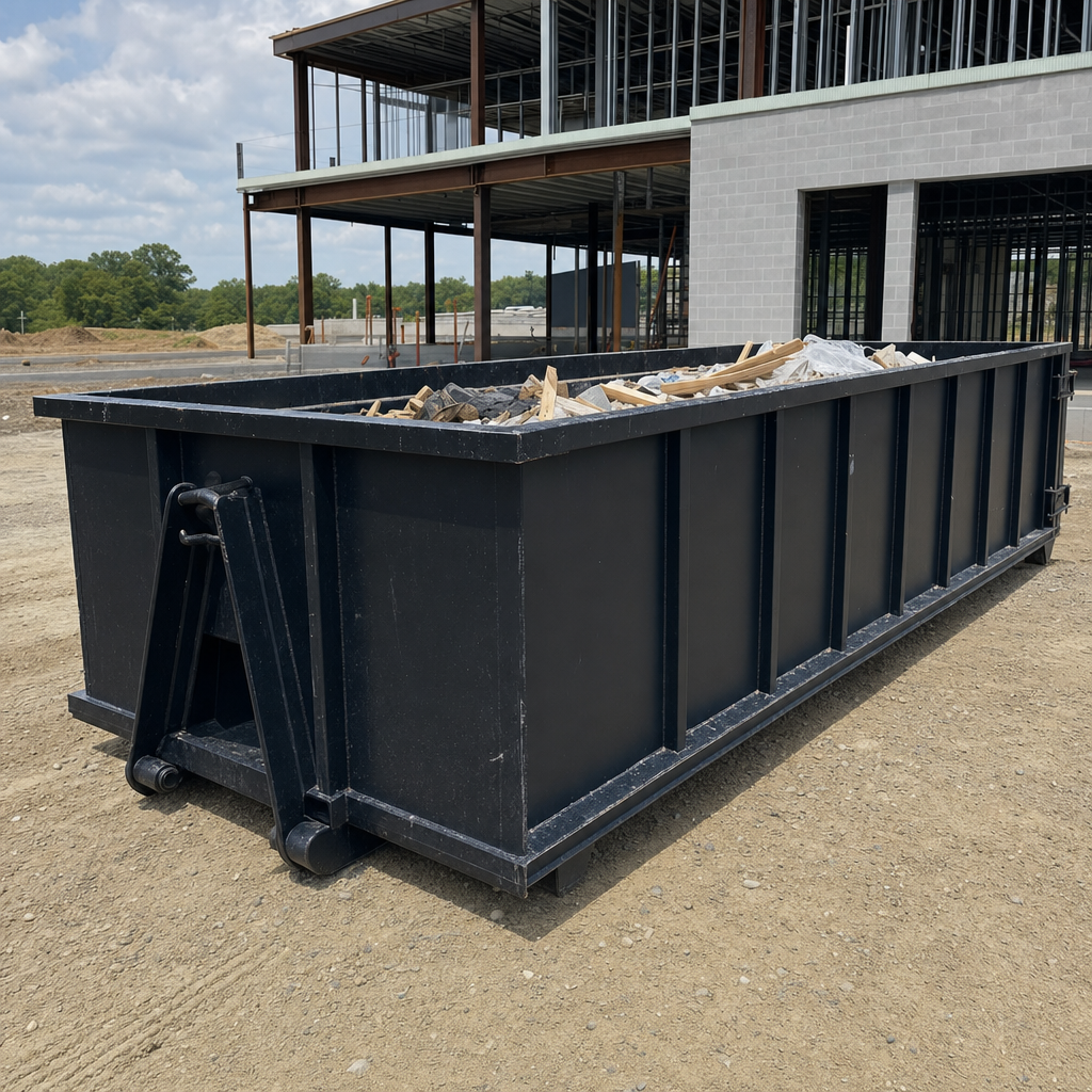 A matte-black 40-yard roll-off dumpster staged on a large Portage commercial construction lot, with a hooklift delivery truck parked alongside under bright midday sky.
