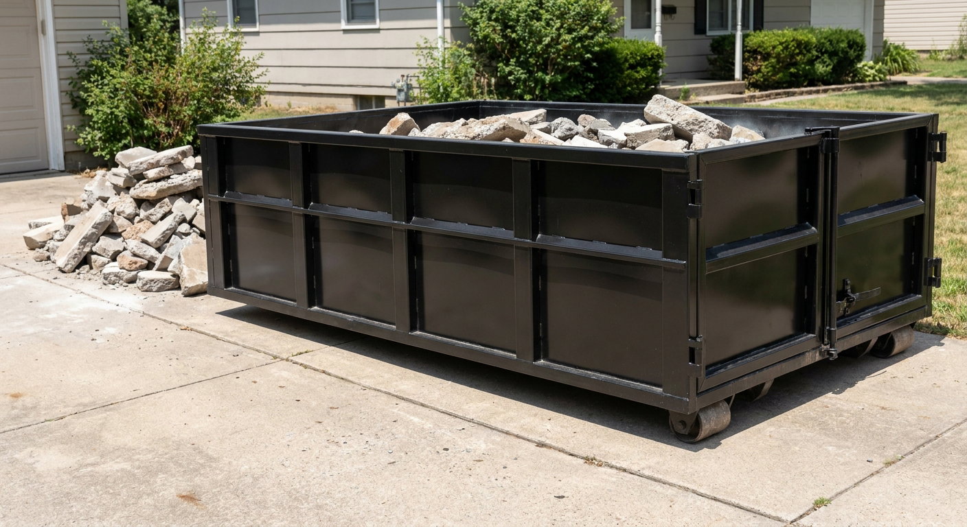 A matte-black low-side heavy-debris roll-off dumpster placed directly on a Portage concrete driveway, with broken concrete chunks neatly stacked beside it under clean daylight.